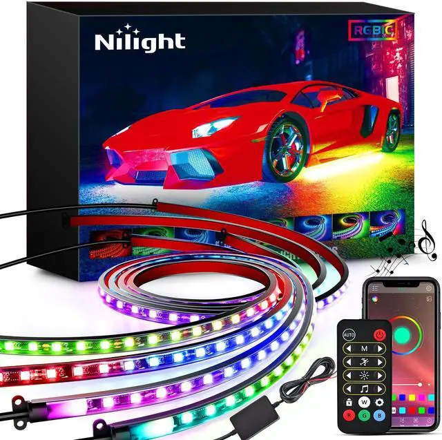 Main image of Nilight 4Pcs Car Underglow Neon Accent Strip Lights 256 LEDs RGBIC Multi Color DIY Sound Active Function Music Mode with APP Control and Remote Control Underbody Light Strips, 2 Years Warranty