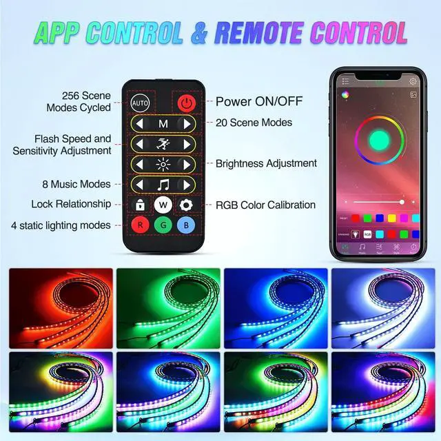 Alt view image 3 of 7 - Nilight 4Pcs Car Underglow Neon Accent Strip Lights 256 LEDs RGBIC Multi Color DIY Sound Active Function Music Mode with APP Control and Remote Control Underbody Light Strips, 2 Years Warranty