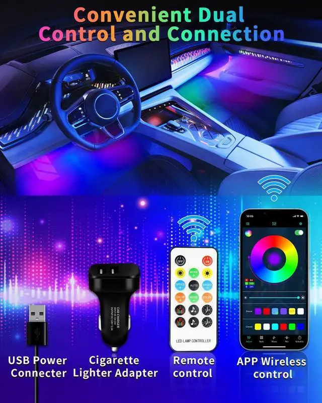 Alt view image 4 of 7 - YM E-Brightt RGB LED Strip Lights for Car App Control with Remote Led Lights car Interior with Charger Music Sync Under Dash Footwell Neon Lighting Kit w/USB Cable DC 12V