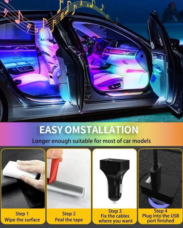 Alt view image 6 of 7 - YM E-Brightt RGB LED Strip Lights for Car App Control with Remote Led Lights car Interior with Charger Music Sync Under Dash Footwell Neon Lighting Kit w/USB Cable DC 12V