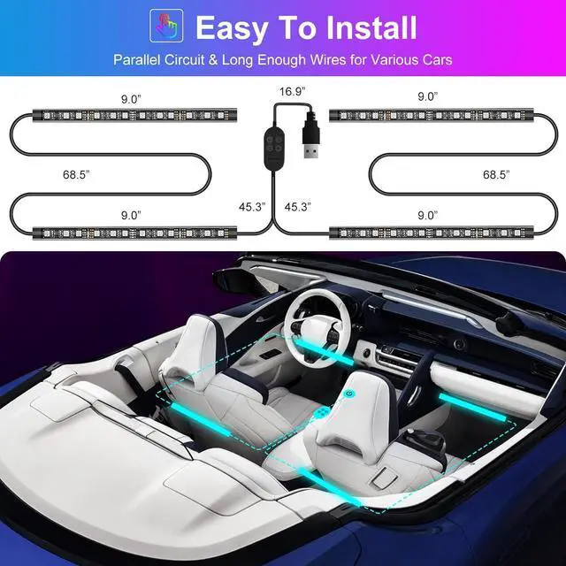 Alt view image 3 of 7 - Car LED Lights - App Controlled Smart Interior Lights, DIY & Music Modes, RGB, 48 LEDs with USB Port, Perfect Car Accessories Gift