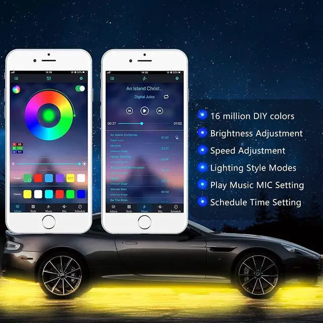 Alt view image 5 of 7 - Smart RGB Car Underglow Kit with App & RF Remote - IP67 Waterproof, 16 Million Color LED Light Strips, Music Sync, Universal Fit for All Cars, Trucks, Vans - 12V DC Exterior Lighting