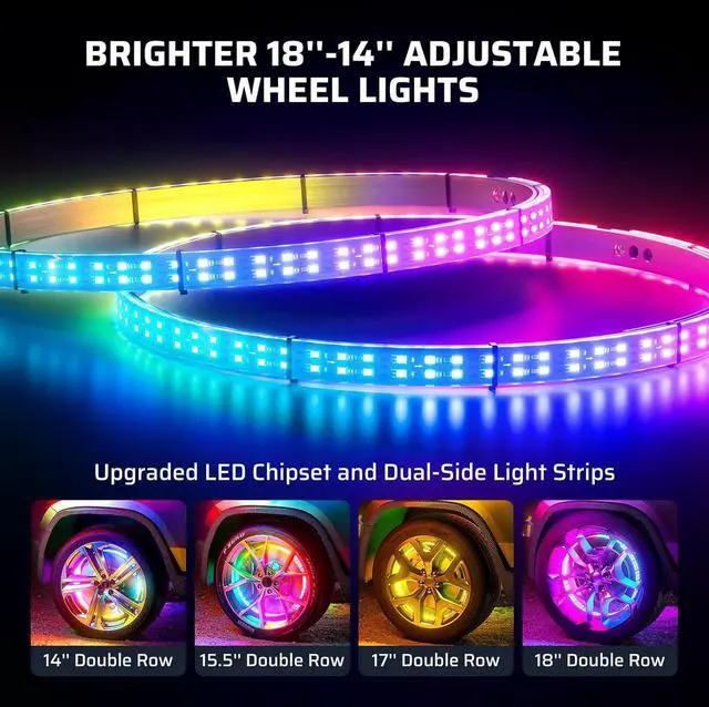 Alt view image 2 of 7 - 14''-18'' Double Row Adjustable Wheel Lights, Brighter RGB Chasing Rim Lights with App, Music Wheel Ring Light with Turn & Braking Signal Compatible with Various Trucks SUV Car4PCS