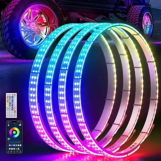 Main image of 14''-18'' Double Row Adjustable Wheel Lights, Brighter RGB Chasing Rim Lights with App, Music Wheel Ring Light with Turn & Braking Signal Compatible with Various Trucks SUV Car4PCS