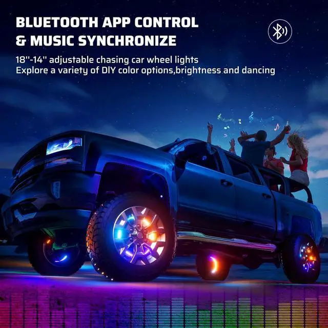 Alt view image 6 of 7 - 14''-18'' Double Row Adjustable Wheel Lights, Brighter RGB Chasing Rim Lights with App, Music Wheel Ring Light with Turn & Braking Signal Compatible with Various Trucks SUV Car4PCS
