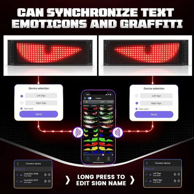 Alt view image 2 of 6 - 2PCS Synchronized Devil Eyes Light for Cars, 14.6X3.6 Flex LED Display Screen DIY Text Animation Programmable LED Scrolling Sign for Car Windshields