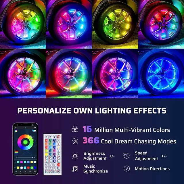 Alt view image 3 of 7 - 14''-18'' Double Row Adjustable Wheel Lights, Brighter RGB Chasing Rim Lights with App, Music Wheel Ring Light with Turn & Braking Signal Compatible with Various Trucks SUV Car4PCS
