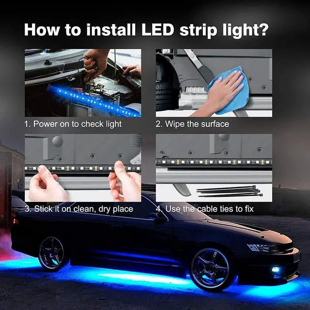 Alt view image 7 of 7 - Smart RGB Car Underglow Kit with App & RF Remote - IP67 Waterproof, 16 Million Color LED Light Strips, Music Sync, Universal Fit for All Cars, Trucks, Vans - 12V DC Exterior Lighting