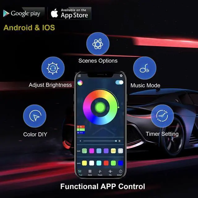 Alt view image 4 of 5 - Underglow Led Lights for Cars, 6 pcs RGB-IC Smart LED Lights with Dream Color Chasing and 16 Million Colors with App and Remote Control, Waterproof Underglow Kit for Cars, SUVs, Trucks