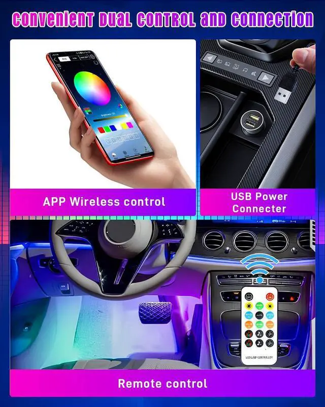 Alt view image 6 of 6 - STONEBANKS 5.7FT LED Interior Light for Car, 48LEDs RGB USB Under Dash Lighting, Footwell Neon Internal Lights Kit, Smart APP and Remote Dual Control, Multicolor Music and Mic Mode