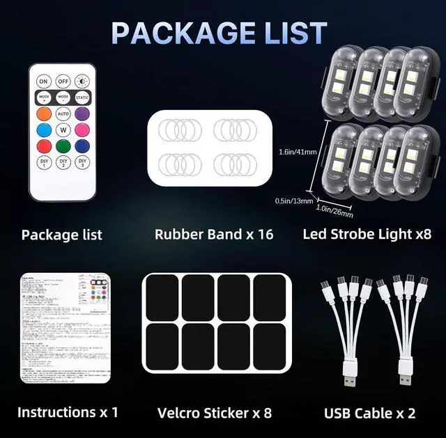 Alt view image 3 of 7 - 8PCS Wireless LED Lights for carwith Remote Control, high Brightness Wireless led Strobe Light 8 Colors USB Charge IP65 Waterproof Anti-Collision for Car Motorcycle Aircraft Bike(8)