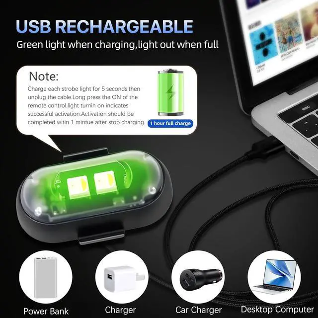 Alt view image 5 of 7 - 8PCS Wireless LED Lights for carwith Remote Control, high Brightness Wireless led Strobe Light 8 Colors USB Charge IP65 Waterproof Anti-Collision for Car Motorcycle Aircraft Bike(8)