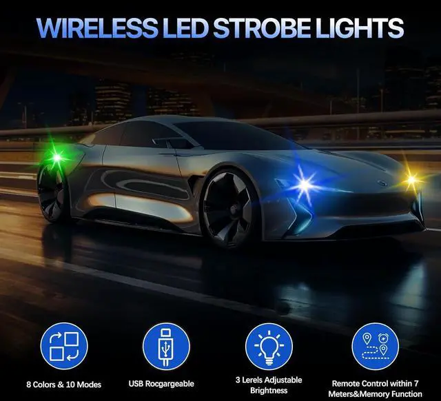 Alt view image 7 of 7 - 8PCS Wireless LED Lights for carwith Remote Control, high Brightness Wireless led Strobe Light 8 Colors USB Charge IP65 Waterproof Anti-Collision for Car Motorcycle Aircraft Bike(8)