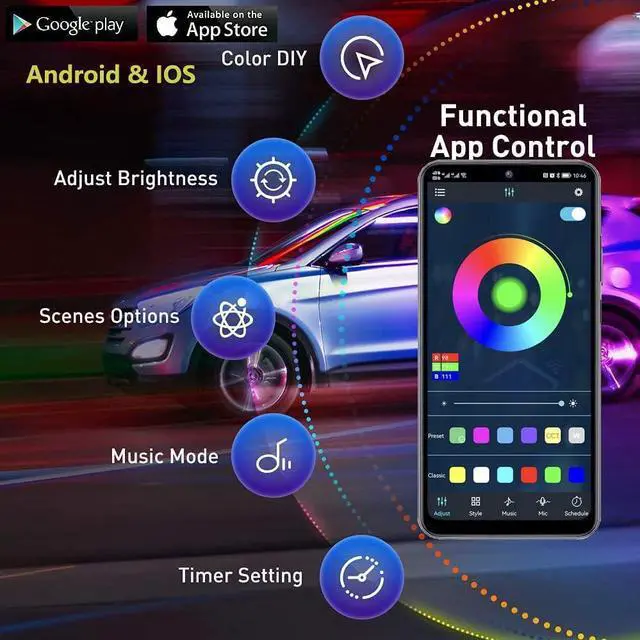 Alt view image 4 of 6 - Underglow Kit, RGB-IC Under Car Lights With Dream Color Dancing Chasing, 213 Scene Modes, App and Remote Control, 5 Music Modes LED Lights for All Cars