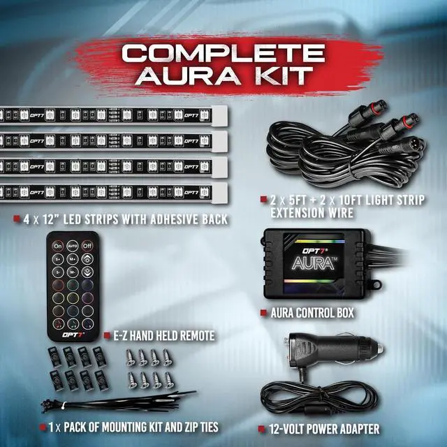 Alt view image 6 of 7 - OPT7 Aura Interior Car Lights with Remote Control, Color Change, Music Sync Inside Ambient Lighting Kit, LED Light for Cars Trucks Under Dash Accessories, Charger Adapter 12V, 4pc Single Row LED Strip