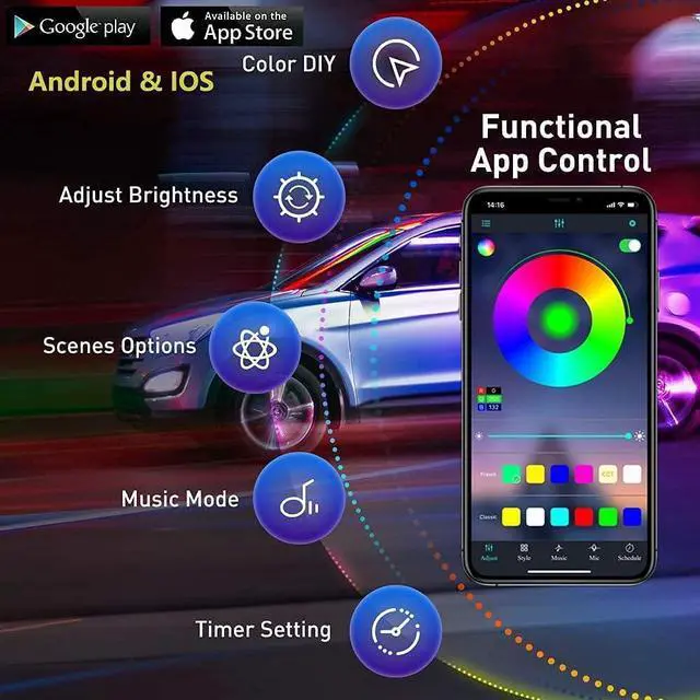Alt view image 2 of 7 - Underglow Kit for Car, Led Underglow Lights with App and Remote Control, 16 Million RGB Colors, 29 Preset Modes, Music & DIY Mode, Under Car Led Lights Exterior for SUVs, Trucks, DC 12V