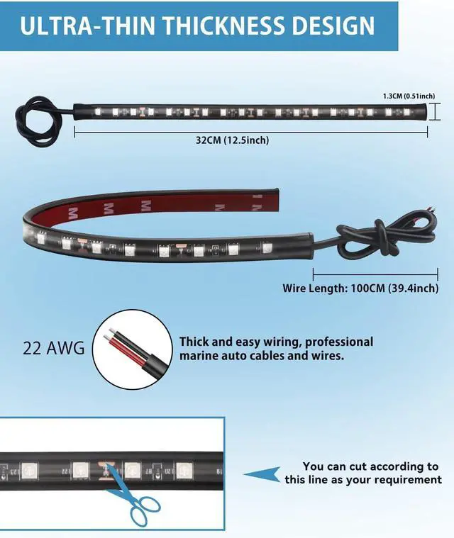 Alt view image 6 of 7 - Keiurot 12V Led Light Strip 32CM Waterproof LEDs Light Strips for Cars Motorcycles Golf Cart Interior & Exterior Marine Boat Red Led Strip Lights 5050 18SMD,Pack of 4