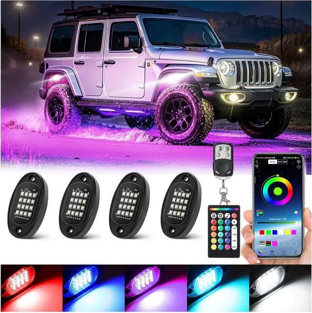 Main image of 4 Pods RGB LED Rock Lights with Dual Zone Brake, Waterproof Multicolor Underglow Lights Kit for ATV UTV Golf Cart Trucks RZR SXS, Neon Underbody Light with App Remote Control Flashing Music Sync 12V