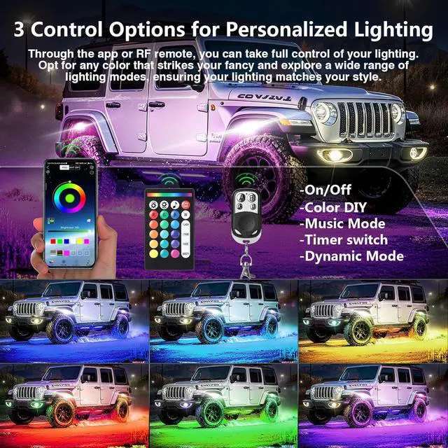 Alt view image 2 of 7 - 4 Pods RGB LED Rock Lights with Dual Zone Brake, Waterproof Multicolor Underglow Lights Kit for ATV UTV Golf Cart Trucks RZR SXS, Neon Underbody Light with App Remote Control Flashing Music Sync 12V