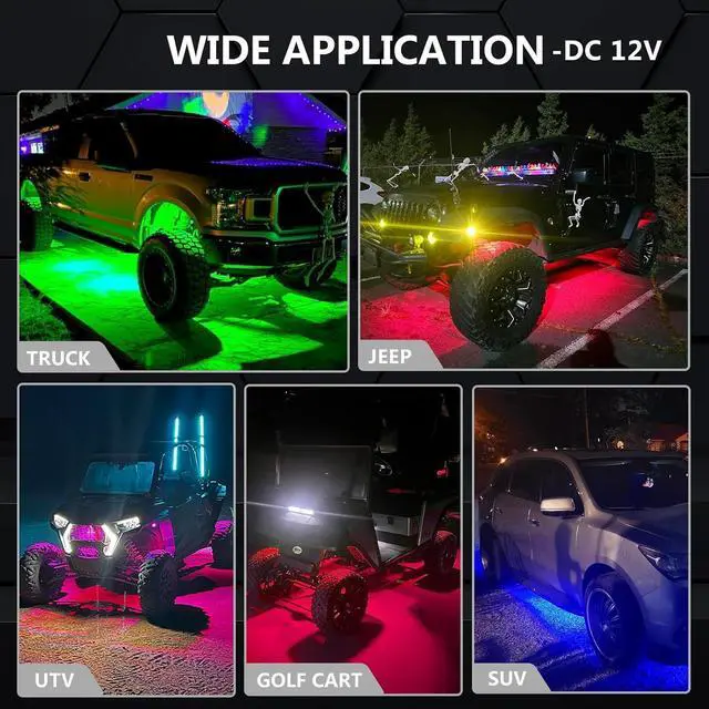 Alt view image 3 of 7 - 4 Pods RGB LED Rock Lights with Dual Zone Brake, Waterproof Multicolor Underglow Lights Kit for ATV UTV Golf Cart Trucks RZR SXS, Neon Underbody Light with App Remote Control Flashing Music Sync 12V