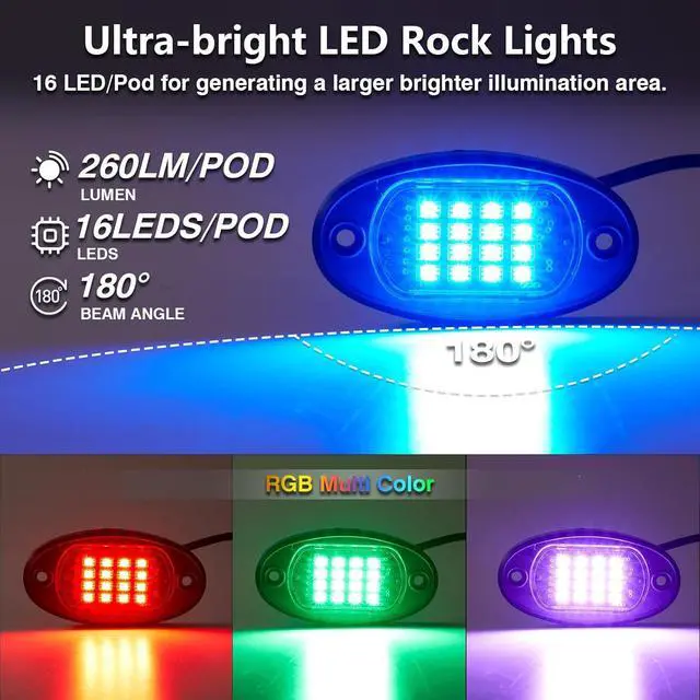 Alt view image 4 of 7 - 4 Pods RGB LED Rock Lights with Dual Zone Brake, Waterproof Multicolor Underglow Lights Kit for ATV UTV Golf Cart Trucks RZR SXS, Neon Underbody Light with App Remote Control Flashing Music Sync 12V