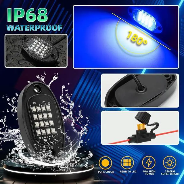 Alt view image 5 of 7 - 4 Pods RGB LED Rock Lights with Dual Zone Brake, Waterproof Multicolor Underglow Lights Kit for ATV UTV Golf Cart Trucks RZR SXS, Neon Underbody Light with App Remote Control Flashing Music Sync 12V