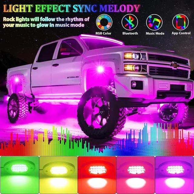 Alt view image 2 of 7 - 4 Pods RGB LED Rock Lights, Underglow Multicolor Neon Light Kit, Wheel Well Light with APP Control & Music Mode, Under Glow Lights for Trucks,Jeep,SUV,Golf Cart,ATV,Pickup Off Road,12V
