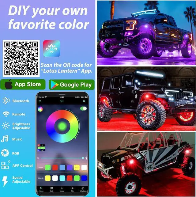 Alt view image 6 of 7 - 4 Pods RGB LED Rock Lights, Underglow Multicolor Neon Light Kit, Wheel Well Light with APP Control & Music Mode, Under Glow Lights for Trucks,Jeep,SUV,Golf Cart,ATV,Pickup Off Road,12V