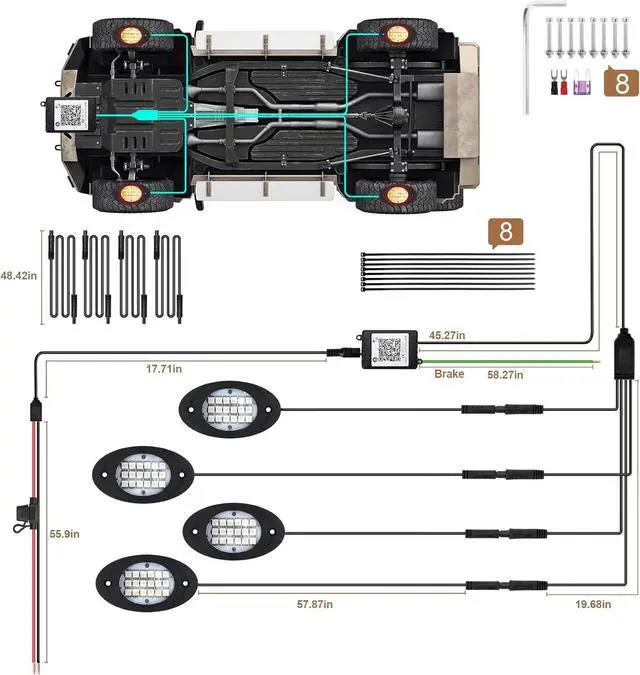 Alt view image 7 of 7 - 4 Pods RGB LED Rock Lights, Underglow Multicolor Neon Light Kit, Wheel Well Light with APP Control & Music Mode, Under Glow Lights for Trucks,Jeep,SUV,Golf Cart,ATV,Pickup Off Road,12V