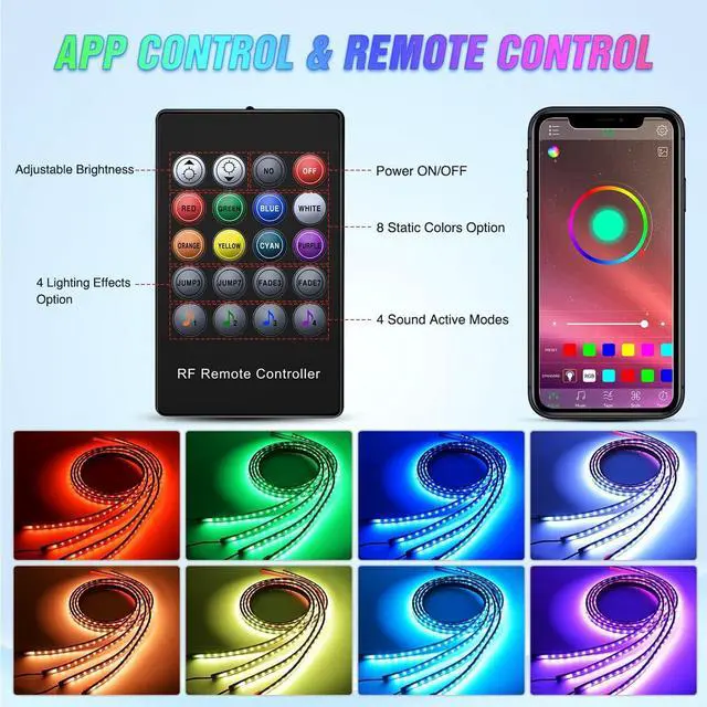 Alt view image 3 of 7 - Nilight 4Pcs Car Underglow Neon Accent Strip Lights 256 LEDs RGB Multi Color DIY Sound Active Function Music Mode with APP Control and Remote Underbody Light Strips