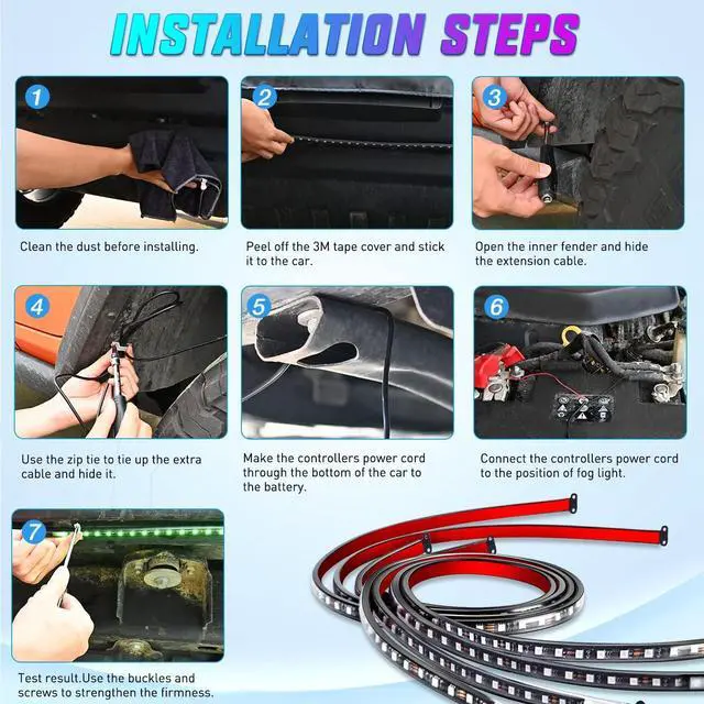 Alt view image 6 of 7 - Nilight 4Pcs Car Underglow Neon Accent Strip Lights 256 LEDs RGB Multi Color DIY Sound Active Function Music Mode with APP Control and Remote Underbody Light Strips