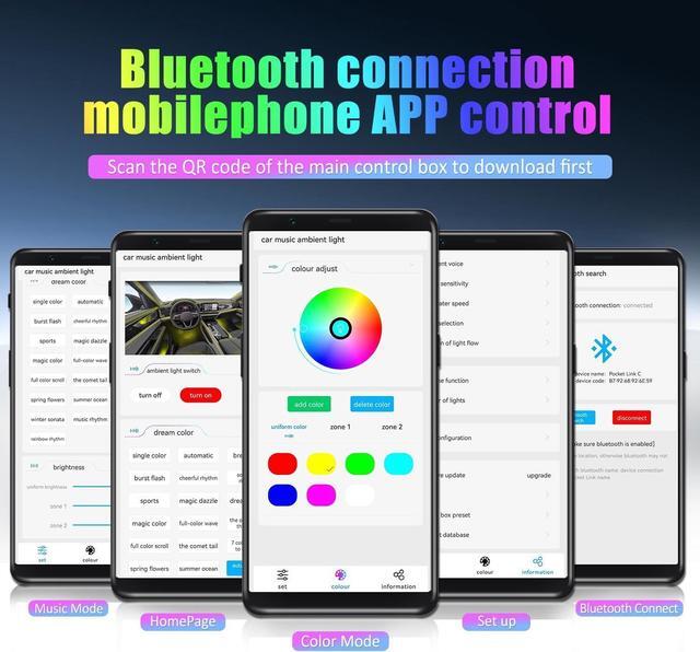 Alt view image 3 of 7 - Acrylic Interior Car LED Strip Light with APP, 18-in-1 128 Colorful 6 Pieces Fiber Optic Car Decoration Atmosphere Light Kits, Dual Zone Music Sync Rhythm RGB Neon Lighting for All Cars