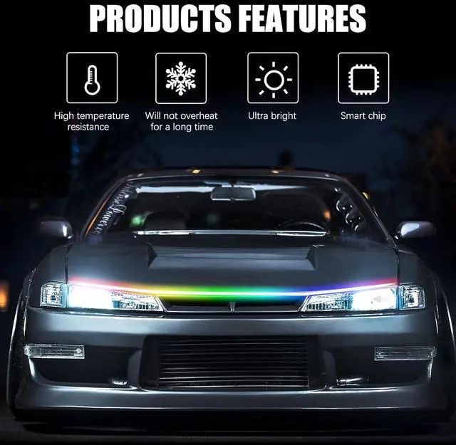 Alt view image 2 of 7 - JMTBNO Car LED Hood Light Strip 71" RGB Exterior LED Strip Flexible 12V Multicolor Universal Engine Hood Cover Daytime Running Light Strip Waterproof Remote & APP for Car SUV Truck