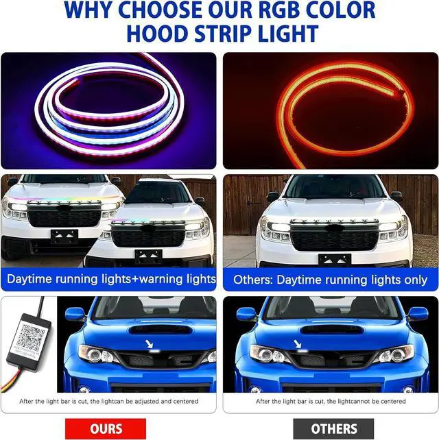 Alt view image 6 of 7 - JMTBNO Car LED Hood Light Strip 71" RGB Exterior LED Strip Flexible 12V Multicolor Universal Engine Hood Cover Daytime Running Light Strip Waterproof Remote & APP for Car SUV Truck