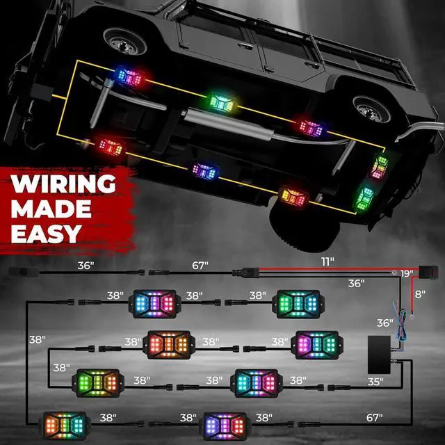 Alt view image 5 of 7 - 8 Pods Five Sided RGB Rock Lights for Trucks Jeep UTV SUV ATV, Multi Chasing Color App/Remote Control Led Rock Lights with Music Mode, Waterproof Exterior Underglow Kits for Cars