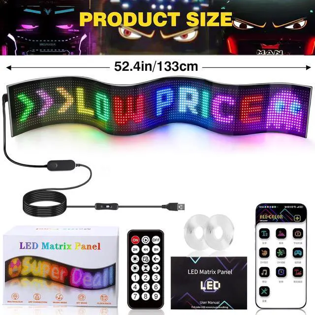 Alt view image 7 of 7 - 1 Piece 52inx7.6in Extra-Large Devil Eyes Light for Truck Windshield, Large Flex LED Display for Car Eyes, Programmable Devils Eye LED Soft Screen for Windshield Flexible Dynamic Car Eyes
