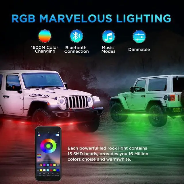 Alt view image 2 of 7 - Rock Lights for Trucks 10 Pods RGB LED Rock Lights with Bluetooth APP/Remote Control Music Mode Extension Cords Underglow Lights IP68 Waterproof Neon Light Kits for Car Jeep Offroad Pickup