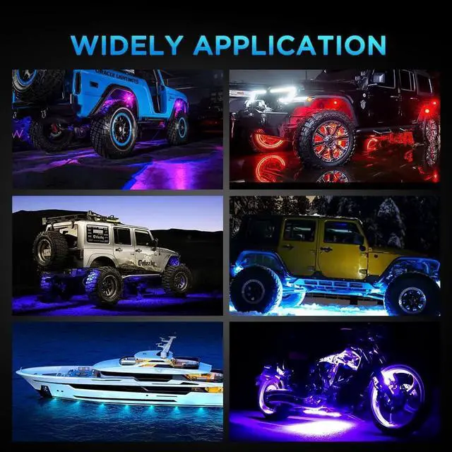 Alt view image 7 of 7 - Rock Lights for Trucks 10 Pods RGB LED Rock Lights with Bluetooth APP/Remote Control Music Mode Extension Cords Underglow Lights IP68 Waterproof Neon Light Kits for Car Jeep Offroad Pickup