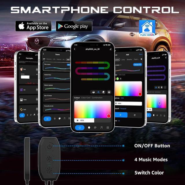 Alt view image 3 of 6 - Interior Car Lights, 2-in-1 Design 5V 2.1A 4PCS 68 LEDs Lights APP Control with Remote, Music Sync Color Change, DIY, USB Powered Under Dash Trim Lights for Car