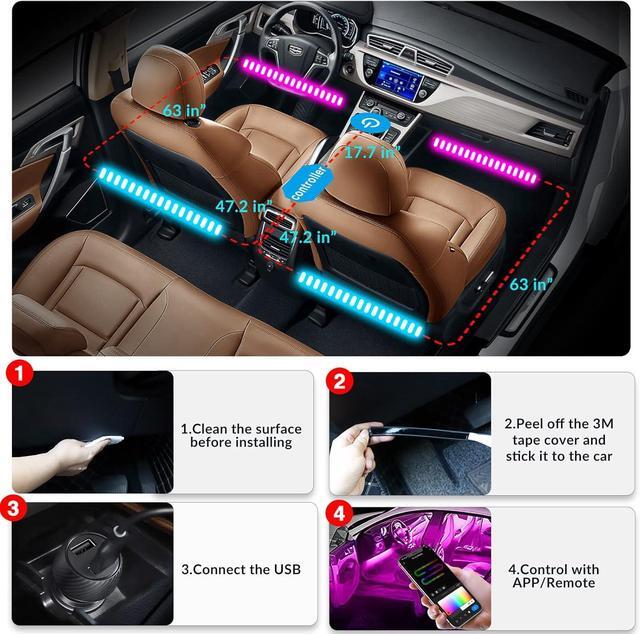 Alt view image 4 of 6 - Interior Car Lights, 2-in-1 Design 5V 2.1A 4PCS 68 LEDs Lights APP Control with Remote, Music Sync Color Change, DIY, USB Powered Under Dash Trim Lights for Car