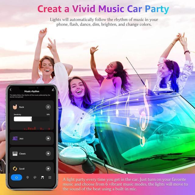 Alt view image 6 of 6 - Interior Car Lights, 2-in-1 Design 5V 2.1A 4PCS 68 LEDs Lights APP Control with Remote, Music Sync Color Change, DIY, USB Powered Under Dash Trim Lights for Car