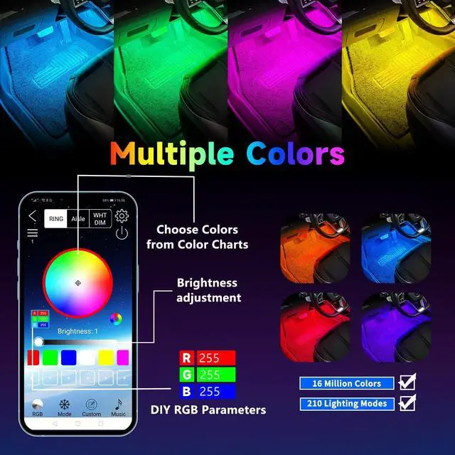 Alt view image 3 of 7 - Car Led Interior Light Strip 72LEDs Under Dash Foot Well PVC Housing RGB DIY 210 Modes Static/Chase/Gradient/Strobe, Music Sync, Timer App Switch Control, USB 5V DC 12V, No Remote