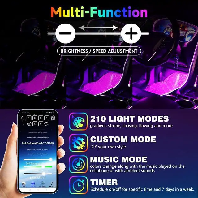 Alt view image 4 of 7 - Car Led Interior Light Strip 72LEDs Under Dash Foot Well PVC Housing RGB DIY 210 Modes Static/Chase/Gradient/Strobe, Music Sync, Timer App Switch Control, USB 5V DC 12V, No Remote