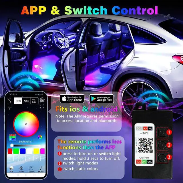 Alt view image 5 of 7 - Car Led Interior Light Strip 72LEDs Under Dash Foot Well PVC Housing RGB DIY 210 Modes Static/Chase/Gradient/Strobe, Music Sync, Timer App Switch Control, USB 5V DC 12V, No Remote