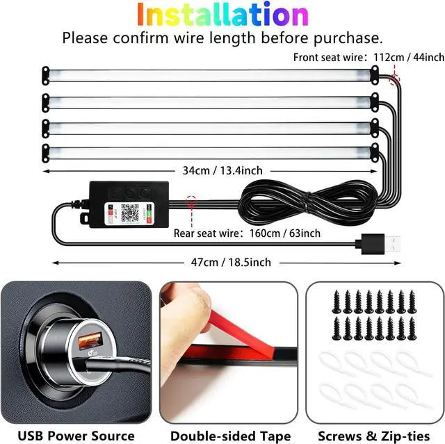 Alt view image 6 of 7 - Car Led Interior Light Strip 72LEDs Under Dash Foot Well PVC Housing RGB DIY 210 Modes Static/Chase/Gradient/Strobe, Music Sync, Timer App Switch Control, USB 5V DC 12V, No Remote