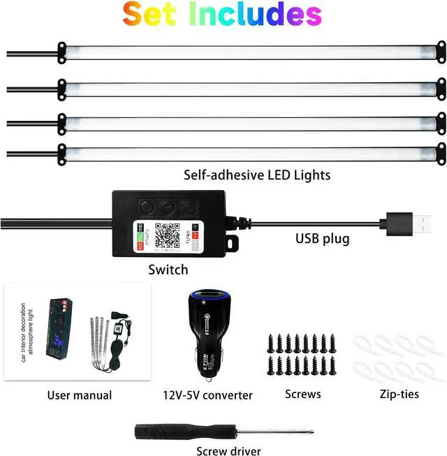 Alt view image 7 of 7 - Car Led Interior Light Strip 72LEDs Under Dash Foot Well PVC Housing RGB DIY 210 Modes Static/Chase/Gradient/Strobe, Music Sync, Timer App Switch Control, USB 5V DC 12V, No Remote