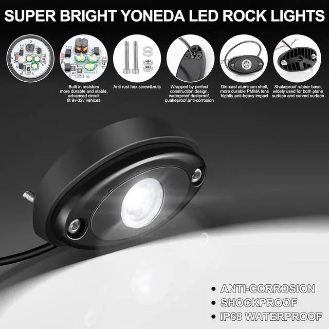 Alt view image 4 of 5 - YONEDA Rock Lights for Trucks(4 Pods White)