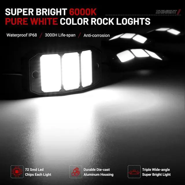 Alt view image 2 of 7 - SHINIGHT 4PCS White Rock Lights, Super Bright Pure White 6000K Rock Lights for Trucks,72 SMD LED Chips Each Light,3M/9.84FT Extension Wires,Waterproof IP68 Underglow Lights for ATV UTV Cars Boats