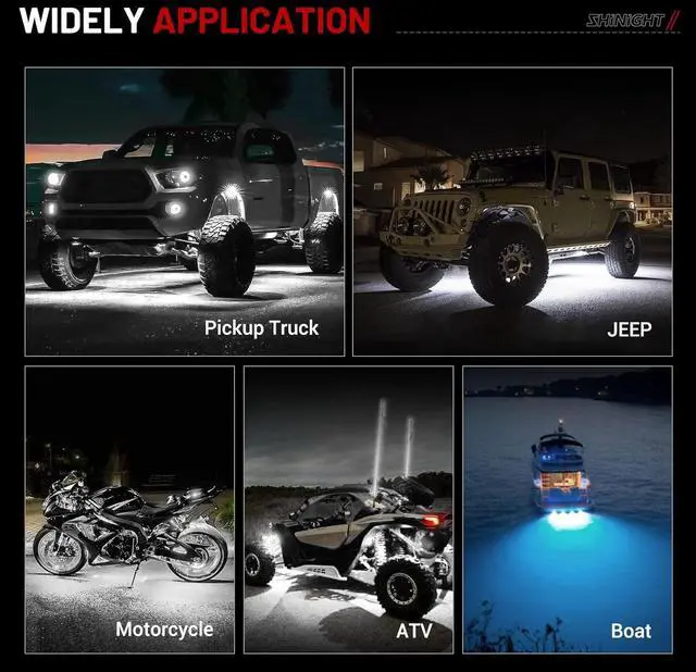 Alt view image 6 of 7 - SHINIGHT 4PCS White Rock Lights, Super Bright Pure White 6000K Rock Lights for Trucks,72 SMD LED Chips Each Light,3M/9.84FT Extension Wires,Waterproof IP68 Underglow Lights for ATV UTV Cars Boats