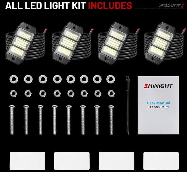 Alt view image 7 of 7 - SHINIGHT 4PCS White Rock Lights, Super Bright Pure White 6000K Rock Lights for Trucks,72 SMD LED Chips Each Light,3M/9.84FT Extension Wires,Waterproof IP68 Underglow Lights for ATV UTV Cars Boats